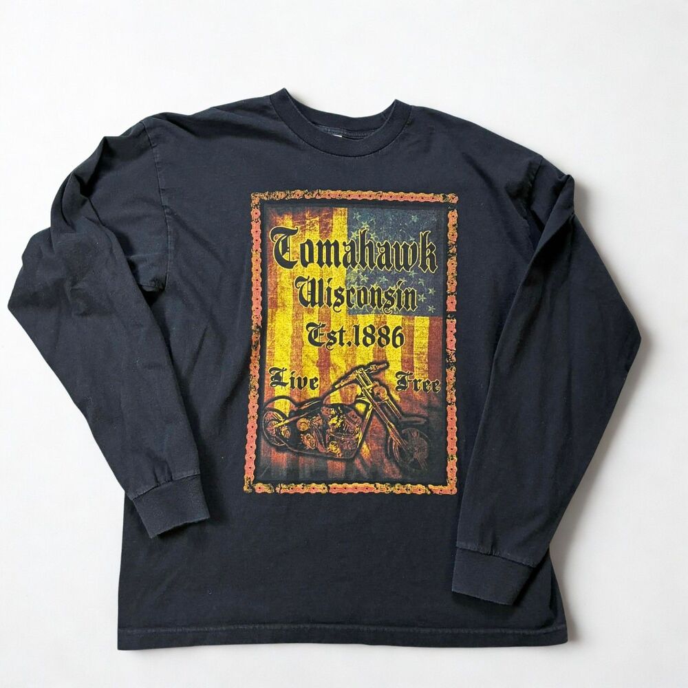 Bayside Shirt Mens XL Black Tomahawk Wisconsin Biker Graphic Long Sleeve USA